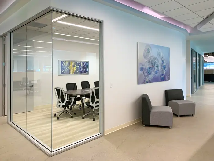 Large-scale artwork in a corporate headquarters lobby.