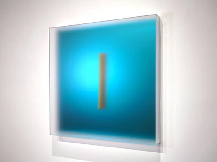 Luminous teal resin and metal-leaf light panel by Casper Brindle.