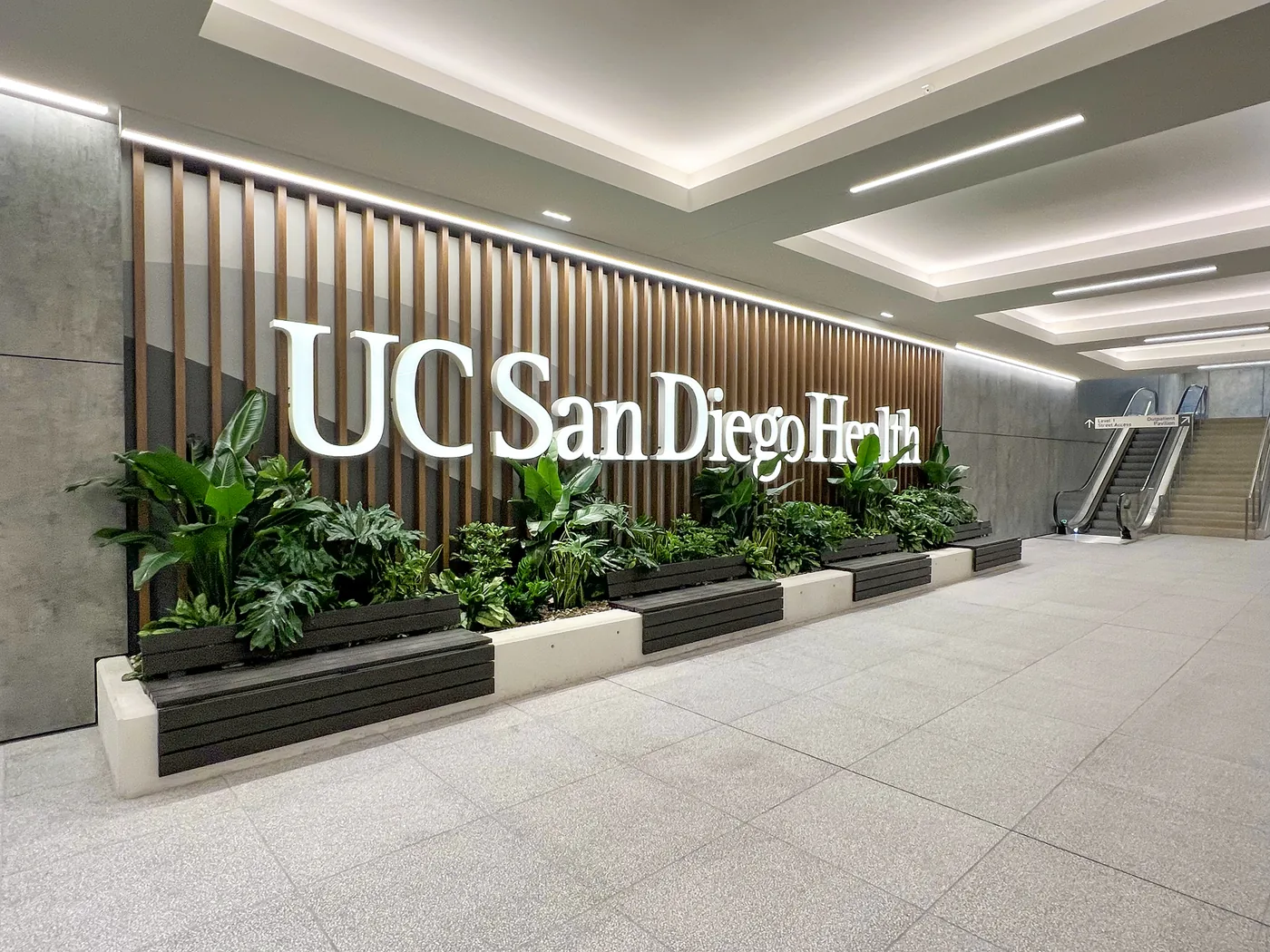 UC San Diego Health sign at patient drop-off area on the Lower Level