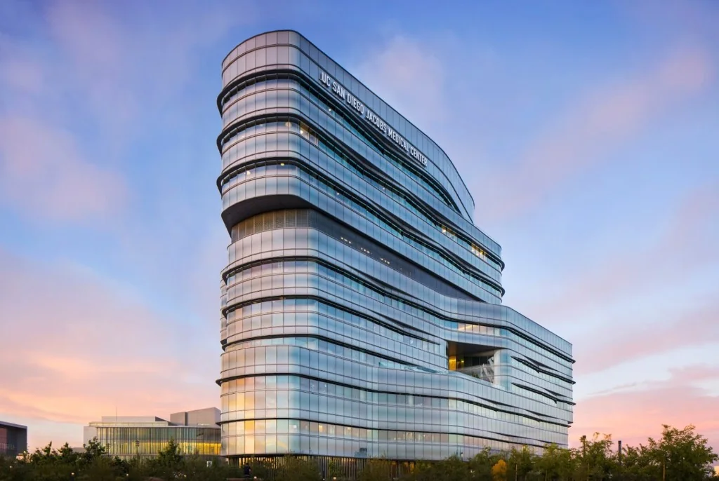 UC San Diego Jacobs Medical Center at dusk — a Susan Street Fine Art consulting project.